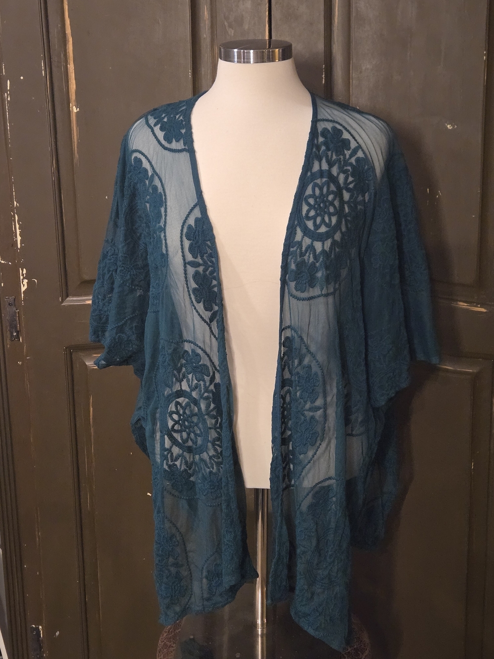 Teal Sheer Embroidered Kimono - Brand